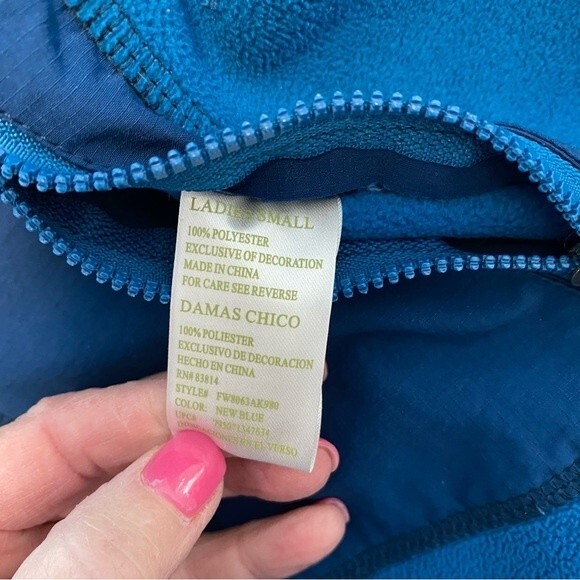 GREEN TEA Blue Fleece Navy Stripe Detail Two Zip Pockets Full Zip Front Size S - Picture 12 of 13